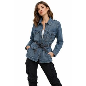 Gap 1969 Womens Belted Denim Utility Jacket Military Safari Jean Coat Sz L Boho